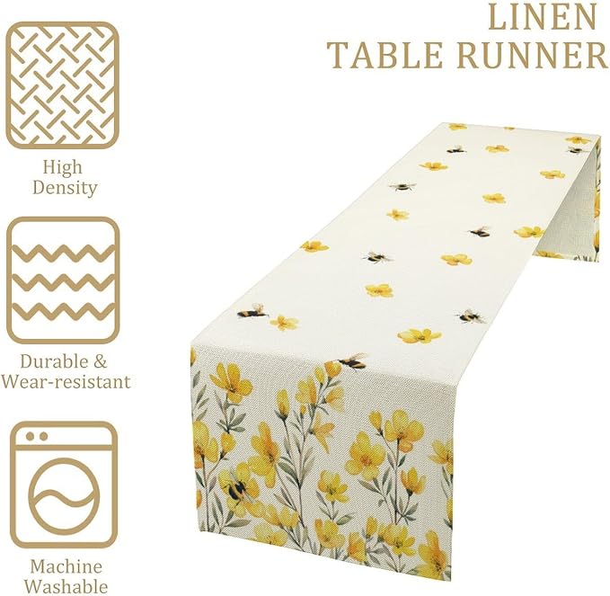 Yellow Wild Flowers Table Runner, Rustic Farmhouse Watercolor Daisy Floral - Image 4