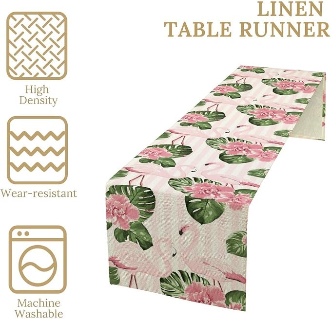 Tropical Table Runner, Retro Flamingo Hawaii Summer Palm Leaves Flower Stripes - Image 4