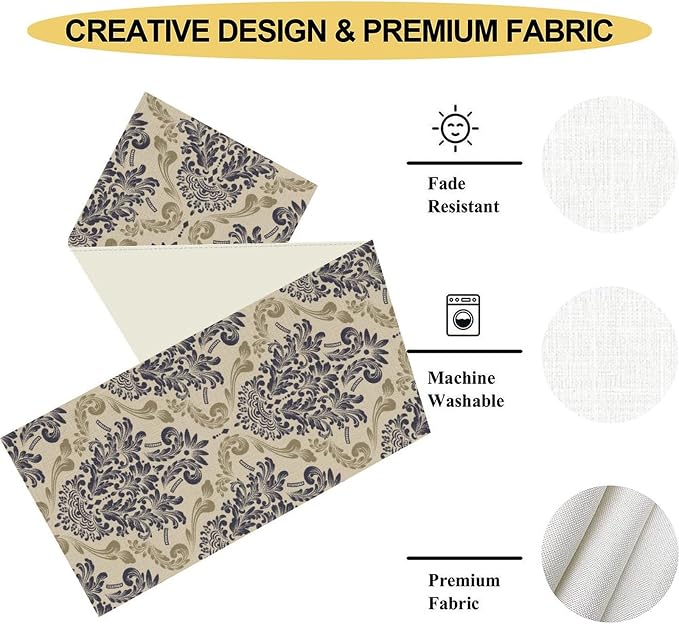 Blue Damask Table Runner, Boho Baroque Style Floral Flower Antique Classic - Image 5