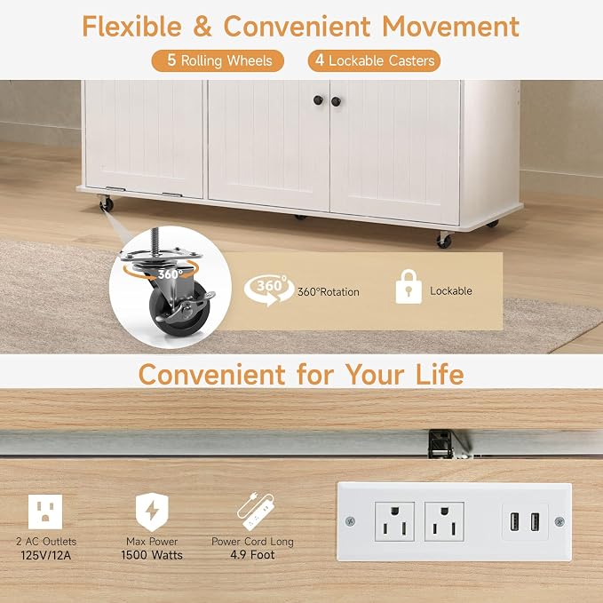 60" Kitchen Island with Power Outlet & Drop Leaf, Kitchen Rolling Island with - Image 5