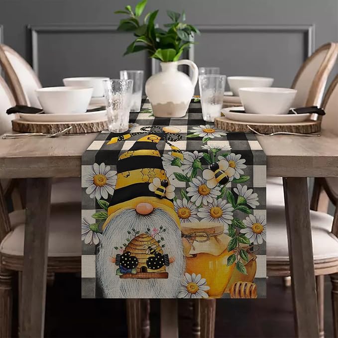 Seliem Spring Bee Gnome Table Runner, Honey Black White Buffalo Plaid Check - Image 3