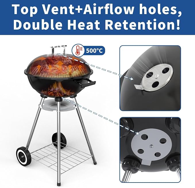 18 Inch Portable Charcoal Grill, Heavy Duty Kettle BBQ Smoker - Image 7