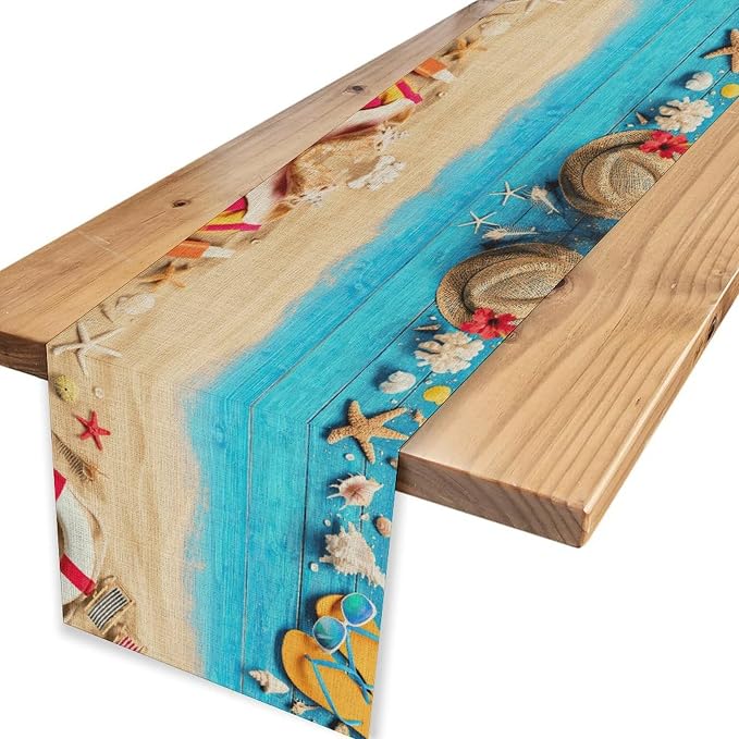 Summer Coastal Table Runner, Nautical Starfish Beach Seashell Ocean Retro - Image 4