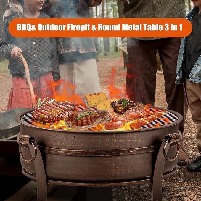 36 Inch Fire Pit with Grill & Lid, Fireplace & Round Table & BBQ 3 in 1 Fire Pit - Image 2