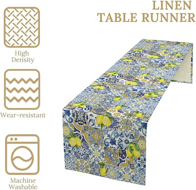 Farmhouse Rustic Lemon Table Runner, Vintage Morocco Blue Tiles Mediterranean - Image 7