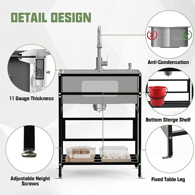 Utility Sink, 25x18 Inch Stainless Steel Freestanding Laundry Sink Practicality - Image 6