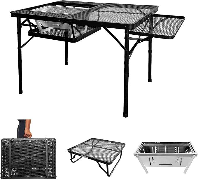 4ft Folding BBQ Table with Wing Plate, Height Adjustable Metal Table with Small - Image 8
