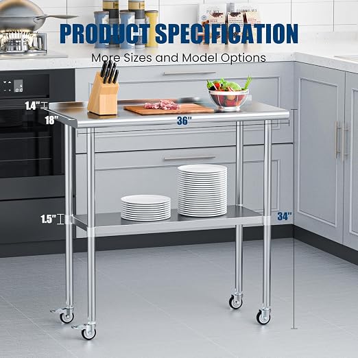 Stainless Steel Table with Wheels 18 x 36 Inches Metal Prep Table with - Image 4