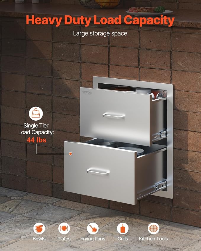 VEVOR Outdoor Kitchen Drawers, 17.8W x 20.2H x 12.2D Inch, Flush Mount Double - Image 5
