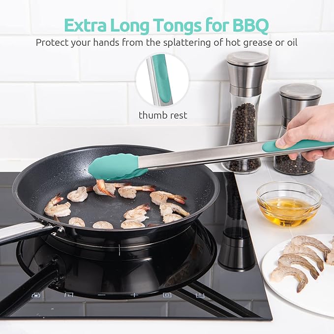 Grilling Tongs 16-Inch with Silicone Tips, Aqua Sky Locking
