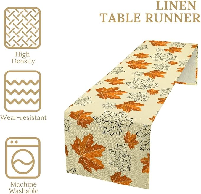 Fall Maple Leaves Table Runner, Rustic Vintage Autumn Orange Leaf Thanksgiving - Image 3