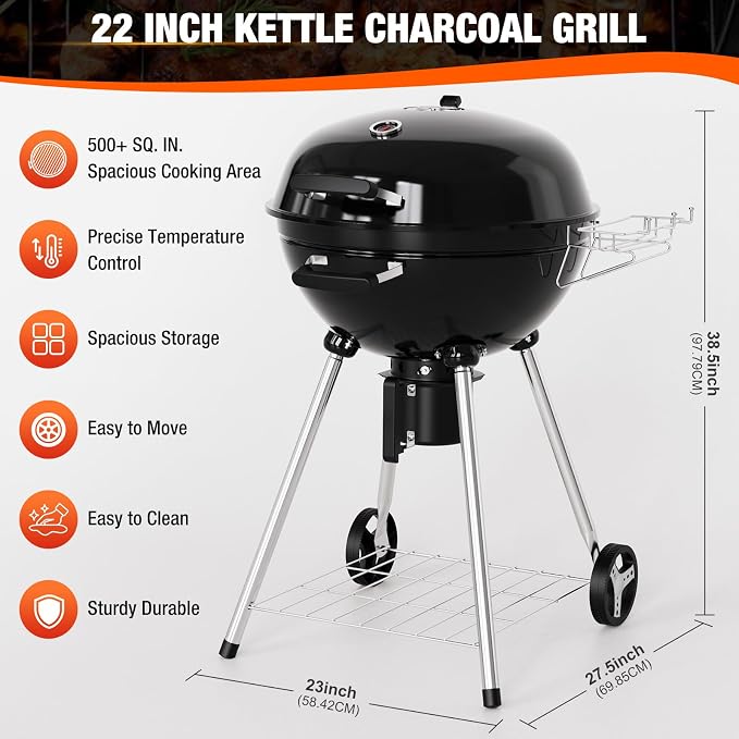 22 inch Premium Charcoal Grill, Kettle Barbecue and Smoker Grills 500+ Sq. In. - Image 3