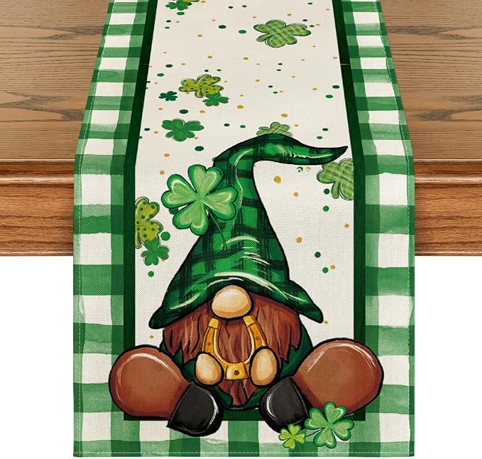 Artoid Mode Shamrock Lucky Buffalo Plaid Gnomes St. Patrick's Day Table Runner by ArtoidMode