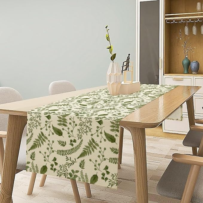 Green Leaves Table Runner, Spring Summer Herbs Botanical Natural Plants Print - Image 3