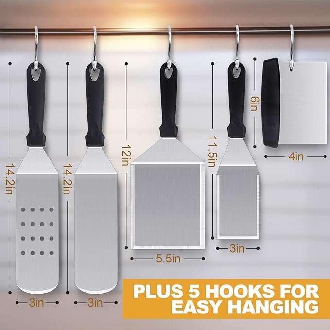 Barbecue Tool Set, 5 Piece Stainless Steel Griddle Tools with Black Handles