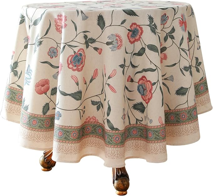 ISAENNE Designer Chinoiserie Linen Floral Round Tablecloth, Elegant Decor by Isaennehomedecoration