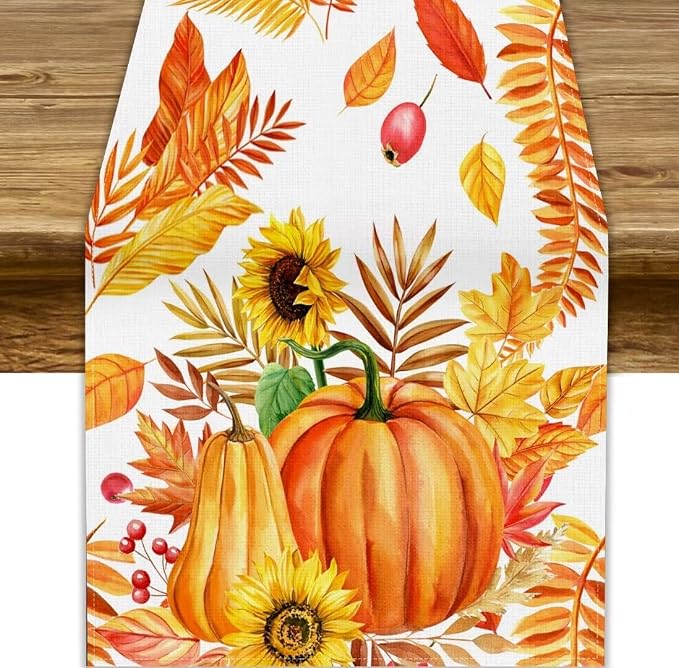 Fall Pumpkin Table Runner, Rustic Autumn Harvest Thanksgiving Sunflower Leaves by JanJCurt
