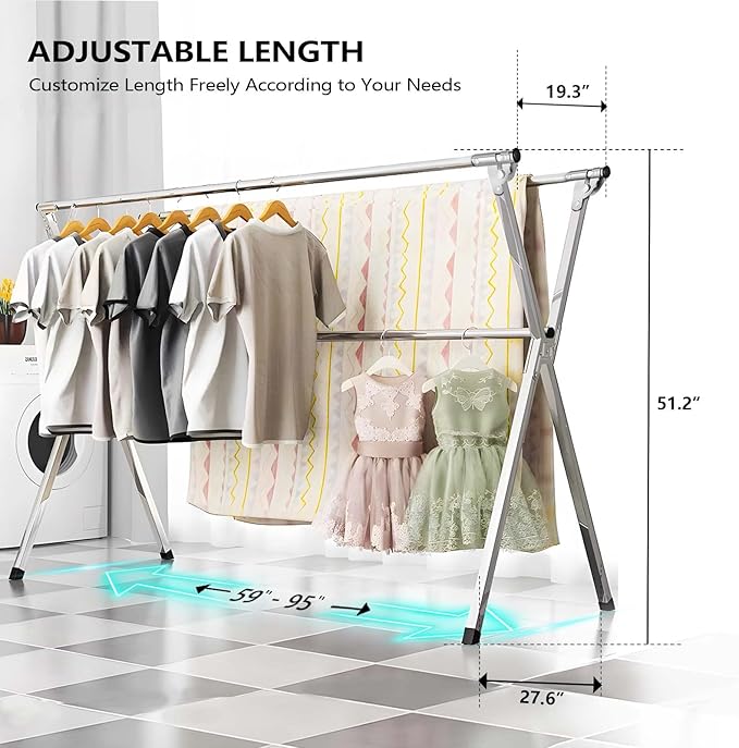 URYAN 95 Inches Clothes Drying Rack, Heavy Duty Stainless Steel Laundry Drying - Image 3