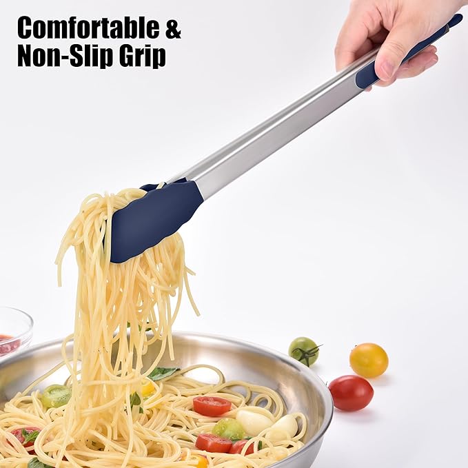 Tongs, 17.2-Inch Navy Blue Stainless Steel with 600°F Silicone Tips