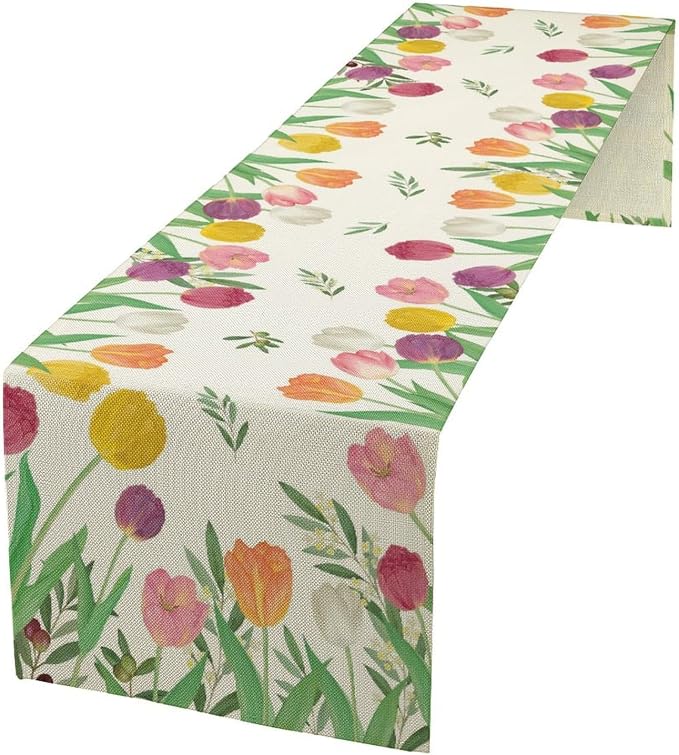 Tulips Spring Table Runner, Rustic Farmhouse Watercolor Botanical Colorful by JanJCurt