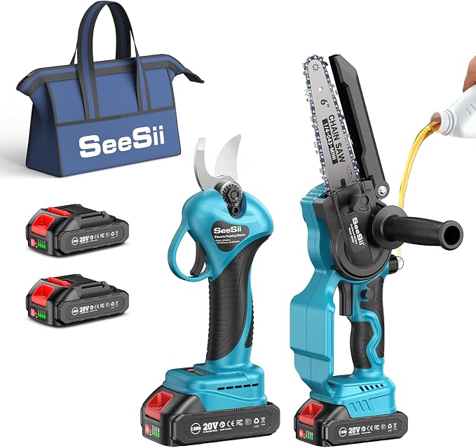 SEESII Mini Chainsaw & Pruning Shears: 6" Electric Saw Brushless & 1.3" Pruner by Seesii