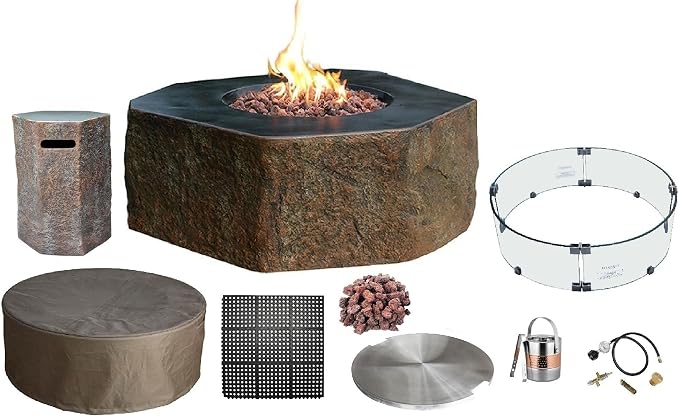 Elementi | Bundle Columbia Gas Fire Pit Cast Concrete Semi-Round Fire Table by AMSFireplaceInc