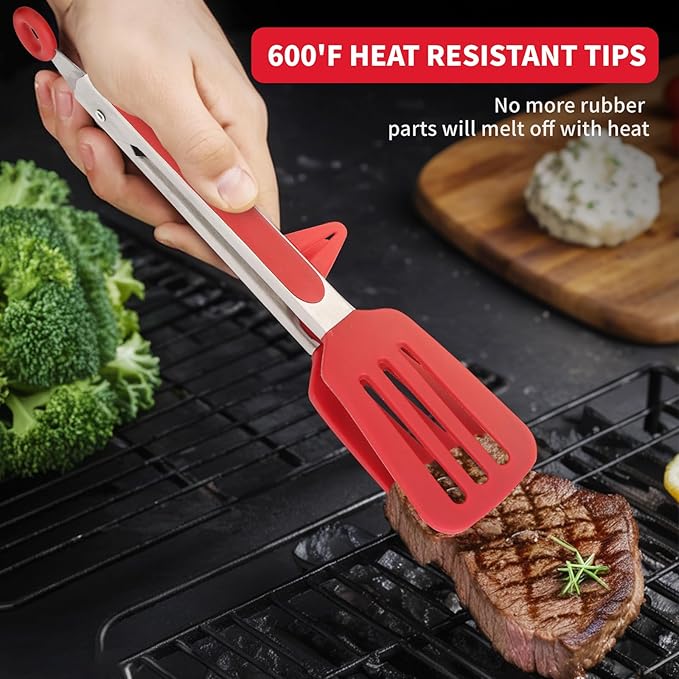 Tongs Set of 3 with Silicone Tips, Red 12-Inch Stainless Steel