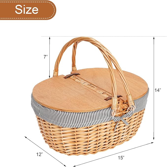 Wicker Picnic Basket with Liner, Wooden Split Lid Picnic Basket, Vintage-Style - Image 7