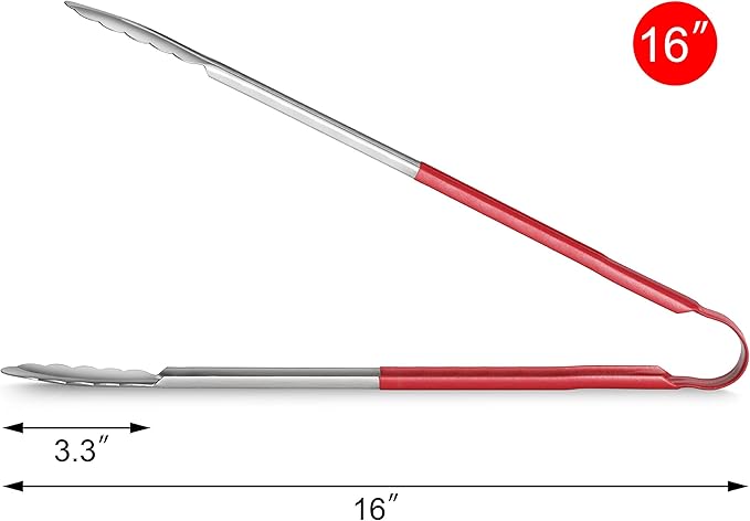 Tongs, 16-Inch Stainless Steel with Red Vinyl-Coated Handles