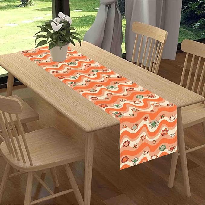 70s Table Runner, Retro Groovy Hippie Daisy Floral Orange Wave Funky Trippy - Image 2