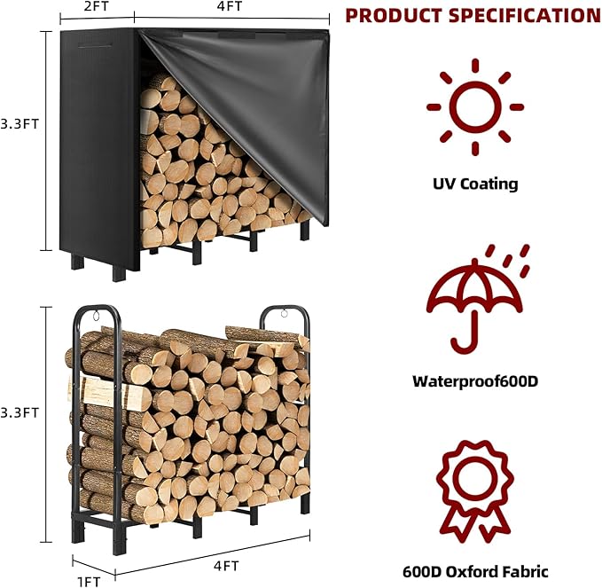 4FT Firewood Rack with Waterproof Cover, Heavy Duty Firewood Storage Log Holider - Image 2