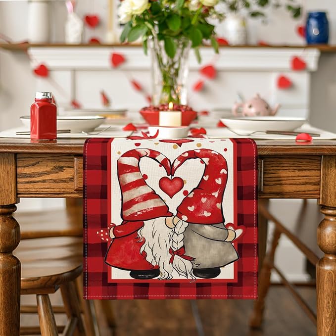 Artoid Mode Red Watercolor Hearts Gnomes Love Valentine's Table Runner - Image 2
