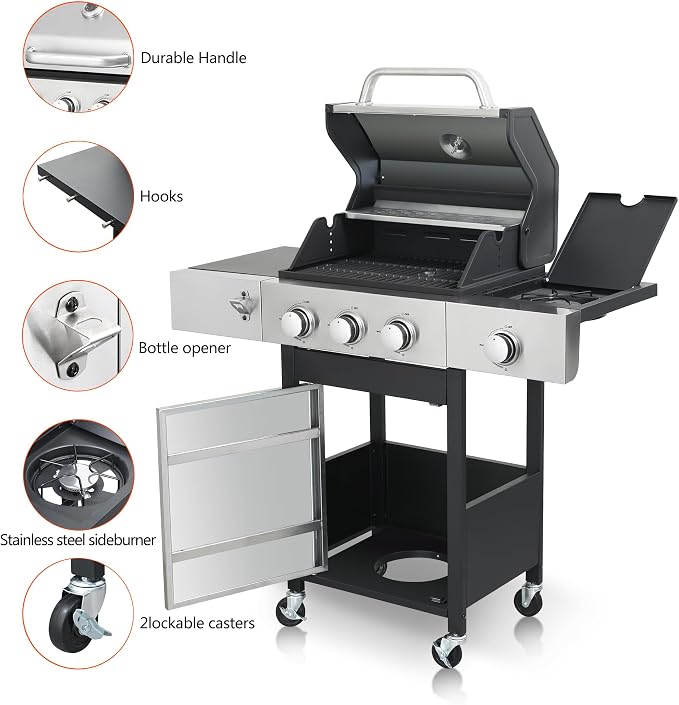 3-Burner Gas Grill with Side Burner, 37230 BTU Outdoor BBQ, Large Cooking Area - Image 3