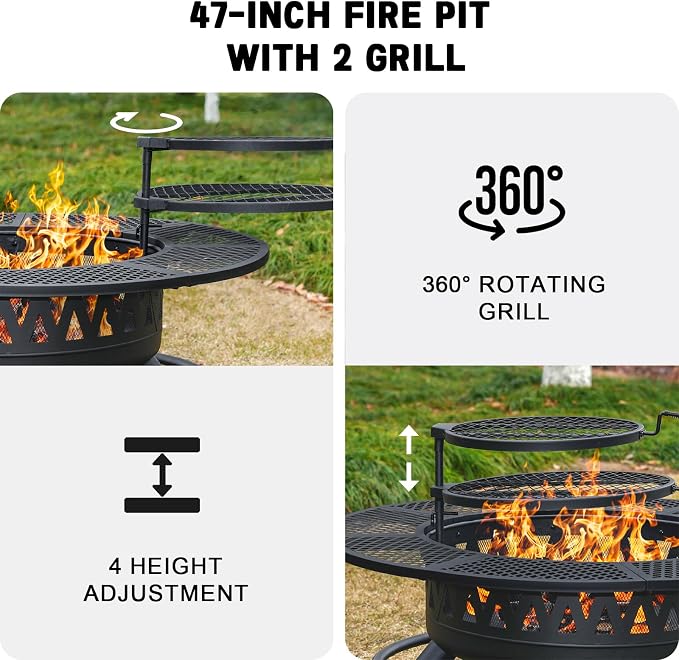47 Inch Fire Pit with 2 Grills, Outdoor Extra Large Firepits - Image 2