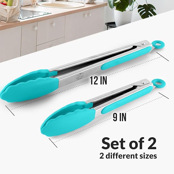 Stainless Steel Grilling Tongs with Silicone Tips, 9 and 12 Inch Sizes