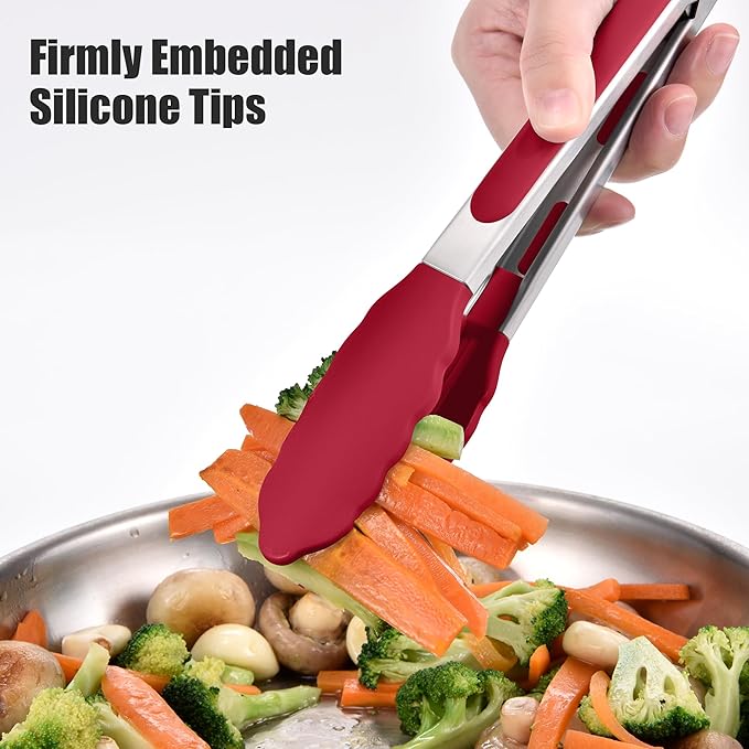Tongs with Silicone Tips, Red 18/8 Stainless Steel, Heat Resistant to 600°F