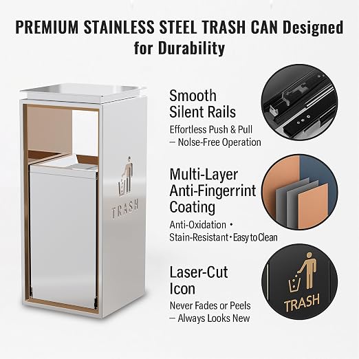 Commercial Trash Can - 42L Heavy Duty Stainless Steel Garbage Bin - Image 6