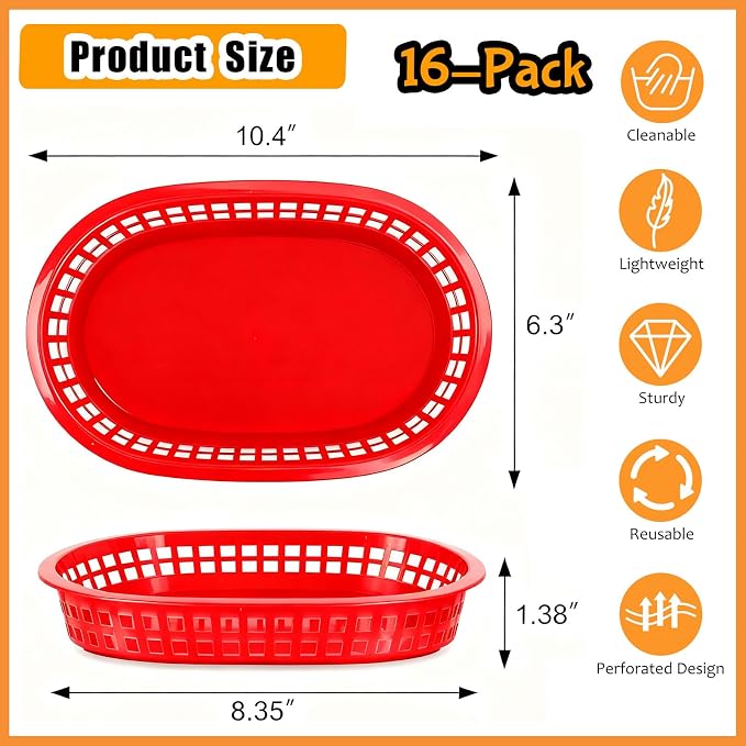 Fast Food Baskets 16-Pack, 10 x 6 Inch Plastic Oval Serving Baskets - Image 2