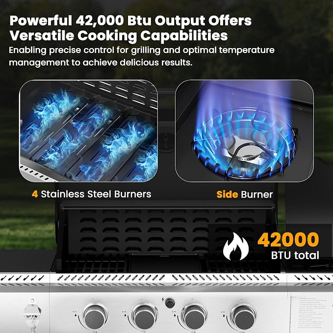 4-Burner Gas Grill with Side Burner, Stainless Steel Propane Grill with - Image 4