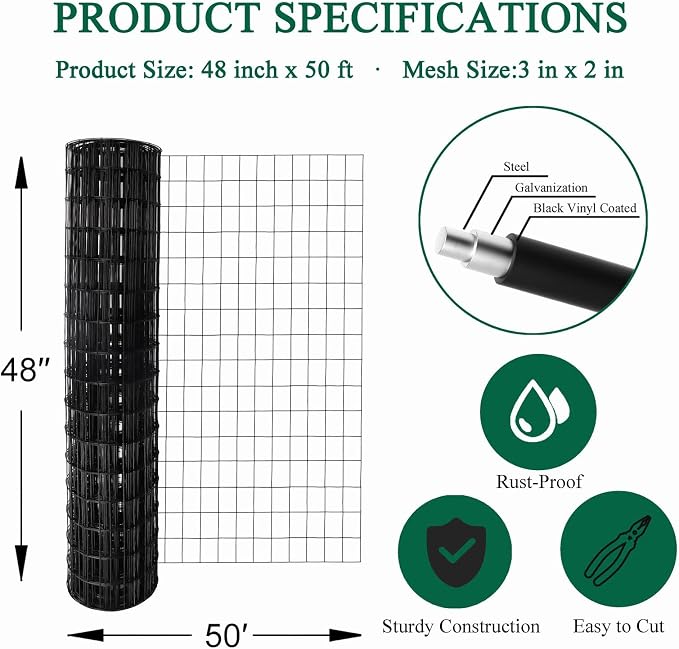 Black PVC Coated Welded Wire Fence 48 Inch x 50 Foot, 2 Inch x 3 Inch 16GA - Image 3
