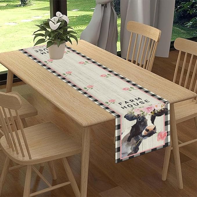Cow Farmhouse Table Runner, Rustic Black White Plaid Buffalo Animals Flower - Image 2