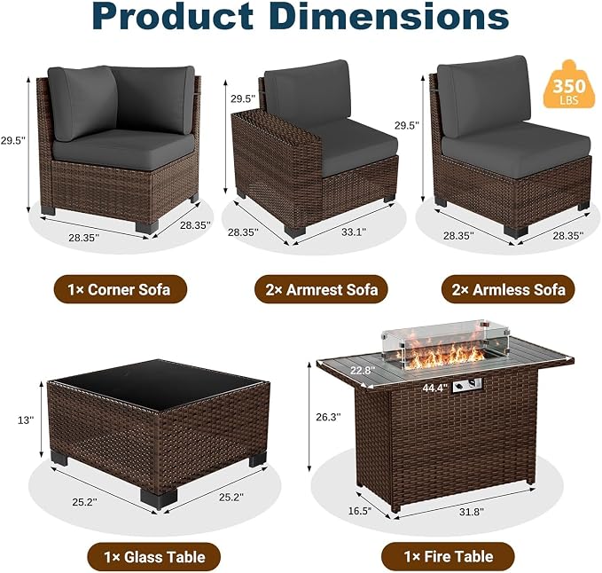 Patio Furniture Set with Fire Pit Table, 7 Piece Outdoor Sectional Conversation - Image 6