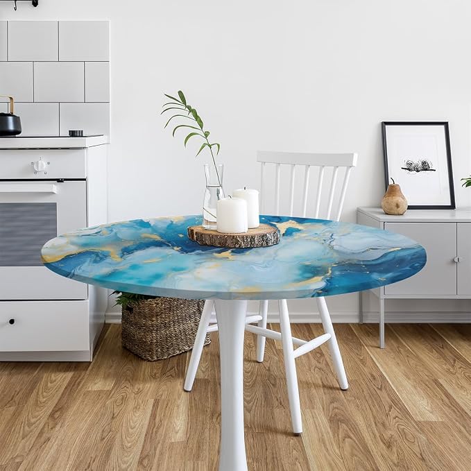 Marble Pattern Ink Blue Round Table Cloth Cover, Elastic Edge Waterproof - Image 6