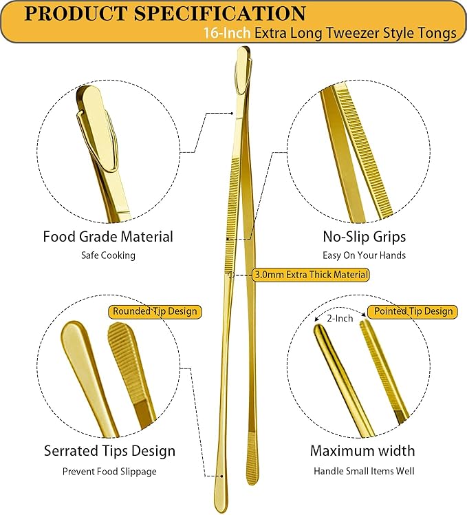 Tongs 16-Inch Extra Long Stainless Steel Gold Cooking Tweezers, 2 Pack