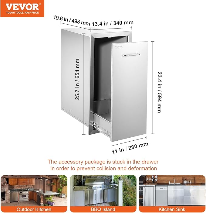 VEVOR Pull Out Trash Drawer 13.4"W x 25.7"H x 19.6"D Lower Sliding Rails Steel - Image 3