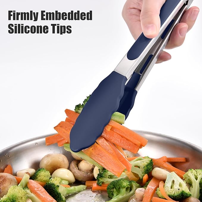 Locking Stainless Steel Tongs with Silicone Tips, Navy Blue