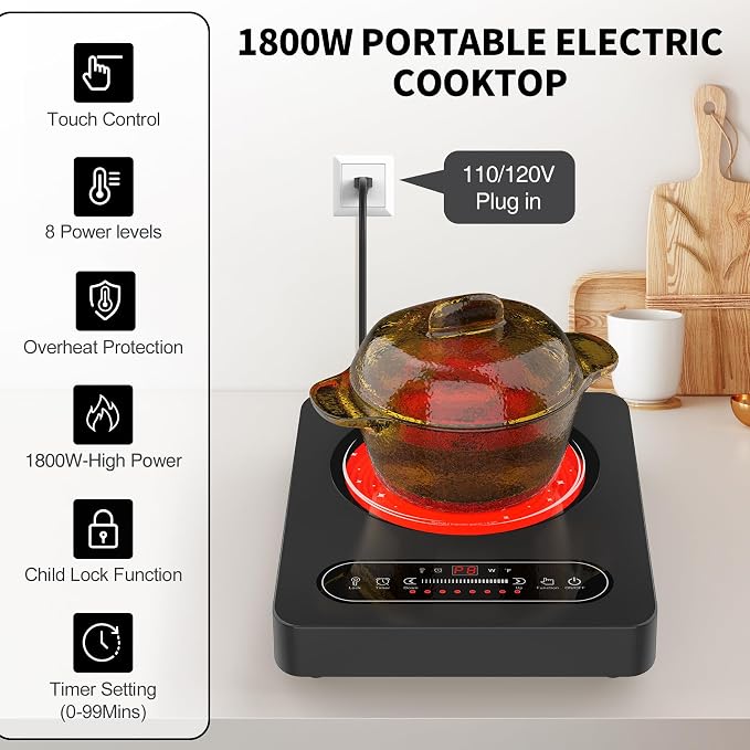 Single Burner Electric Cooktop, 110V 1800W Electric Stove Top - Image 3