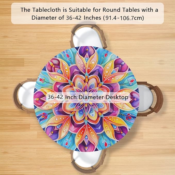 Floral Colorful Bright Vintage Round Table Cloth Cover, Elastic Edge Waterproof - Image 2