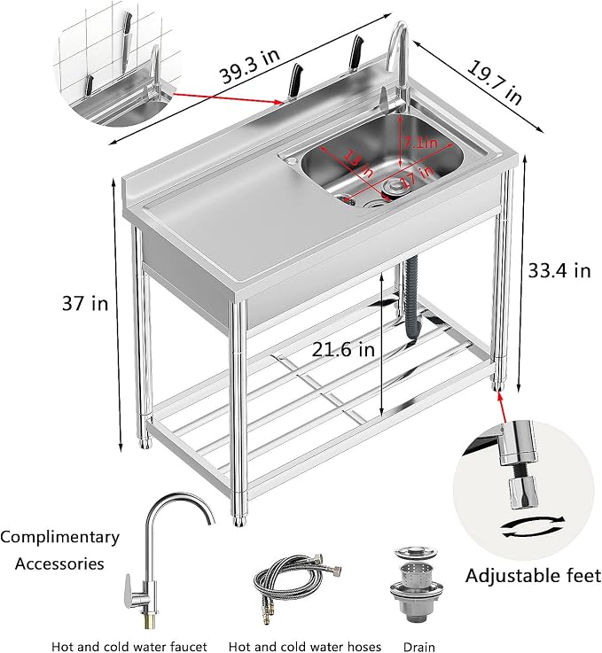 Free Standing Stainless-Steel Single Bowl Commercial Restaurant Kitchen Sink - Image 2