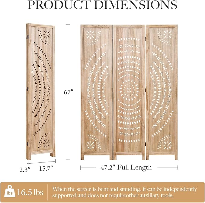 66.9Inch Folding Room Divider, 3 Panels Wood Carved Privacy Screens, Free - Image 5